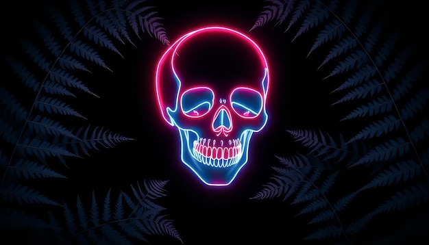 Neon skull surrounded by ferns on a dark background