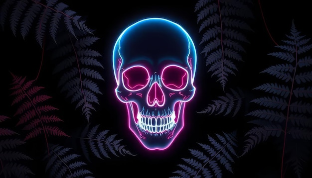 Photo neon skull with ferns on dark background glowing neon art