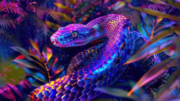 Neon snake slithering through a vibrant rainforest its scales shimmering in rainbow hues