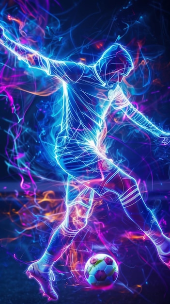 A neon soccer player frozen in mid action radiating energy