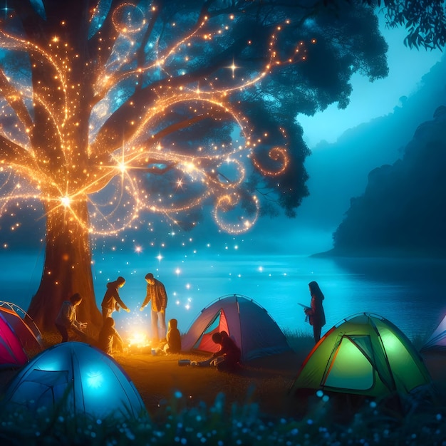 Neon sparkles of adventure shimmer in the evening mist as the family sets up their colorful tents be