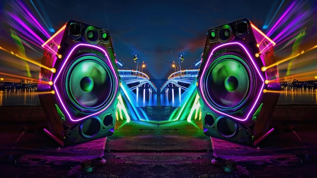 Neon Speakers Under a Night Sky