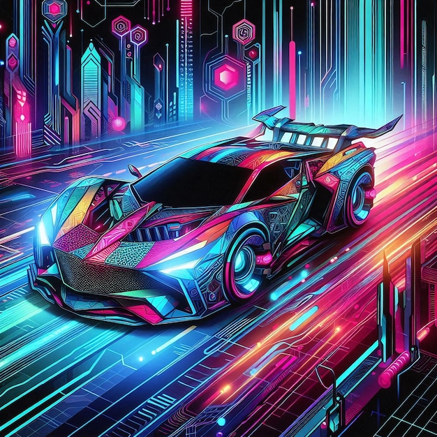 Neon Speed Demon Futuristic Sports Car Blazes Through a Cyber City