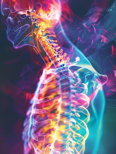 Neon Spine Anatomy A vibrant neon illustration of the human spine and ribcage