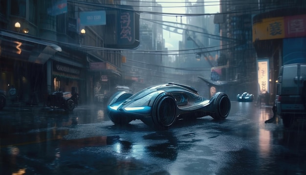 Neon sports cyber car stands in the rain on the background of the city of the future