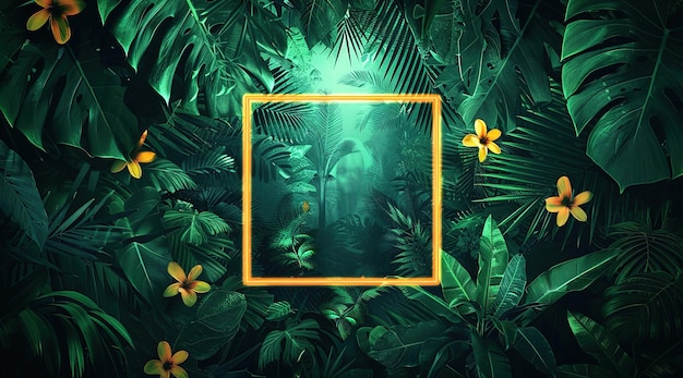 Neon square frame on a dark floral jungle background