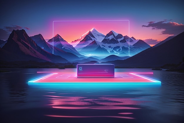 a neon square hovering over the middle of a lake with mountain in the back in a minimalistic setting