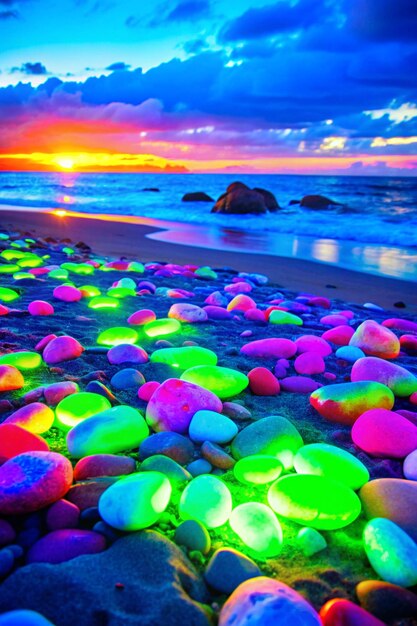 Photo neon stone radiates vibrant energy during the serene evening beach