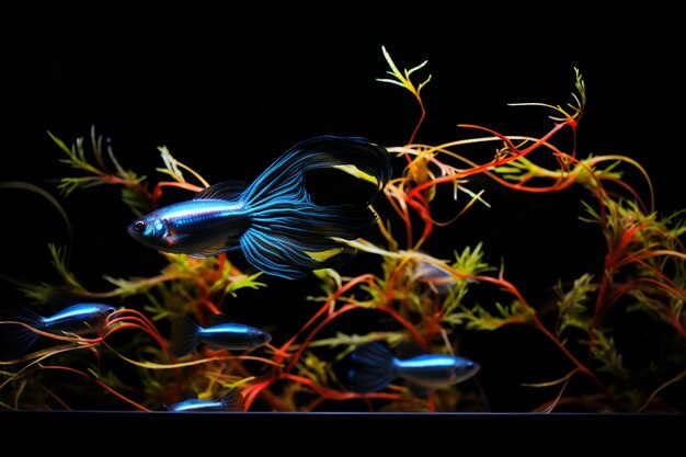 Photo neon tetra in an aquarium with a glowing neon backdrop