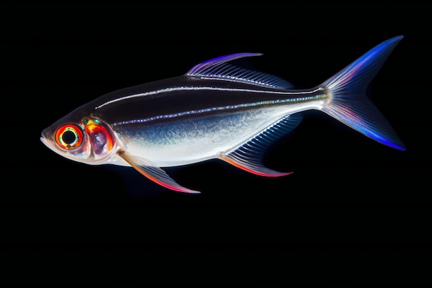 Neon tetra fish isolated on black background