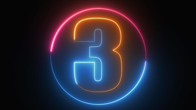 Neon text 3 with neon circle number three glowing in the dark pink blue neon light number three the best digital symbol 3d render Education concept