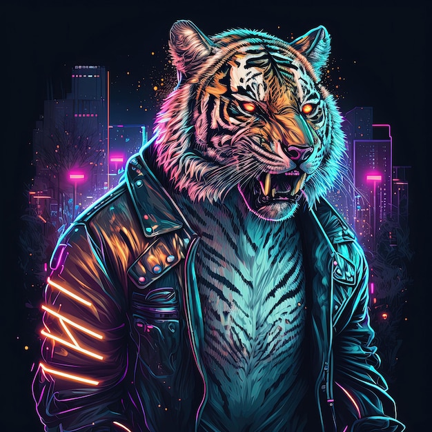 Neon tiger in leather jacket Generative AI