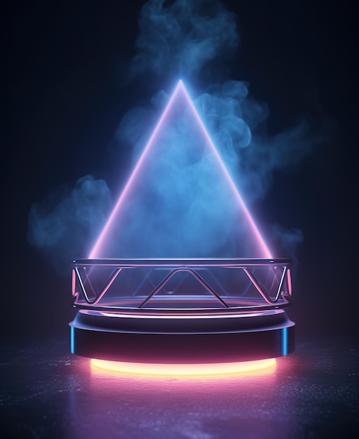 A neon triangle is lit up in front of a dark background.