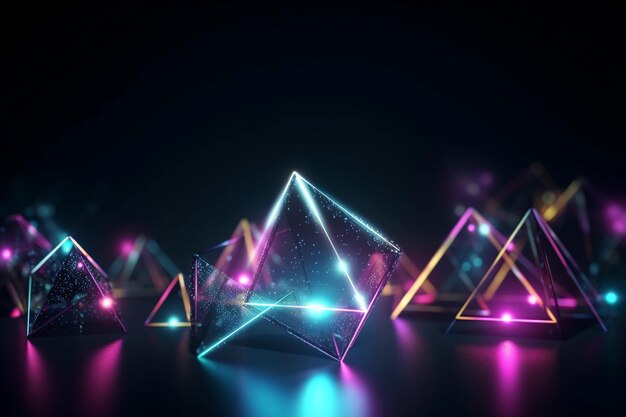 A neon triangle is lit up with a black background