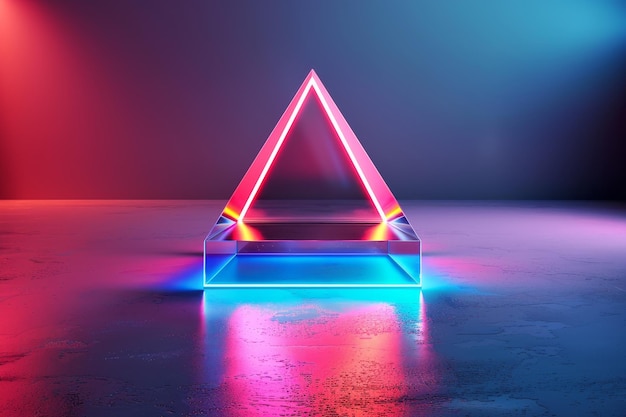 neon triangle prism abstract geometric shape with pink and blue lights on a reflective surface