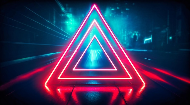 Neon triangle with a neon strip around it in the dark