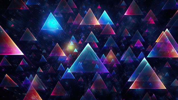 Photo neon triangles and pyramids in a chaotic pattern top view