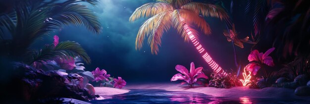 Photo neon tropical night scene palm tree and beach a vibrant neonlit tropical beach scene at ni