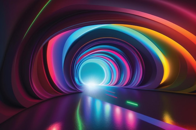 Neon Tunnel Art Gallery Concept for Immersive AI powered Virtual Reality Experience with Dark Abstract Background and Colorful 3D Lights Generative AI