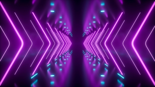 Neon tunnel with neon arrows and blue lamps, bright pink tech corridor - 3D rendering