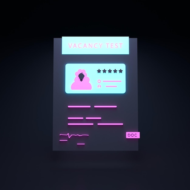 Neon vacancy test icon on black background Human resource concept 3d render illustration