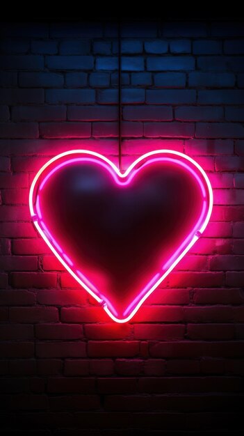 Neon Valentines Day frame with hearts against a brick wall dark background with space for text