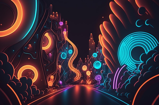 A neon wallpaper with a road and trees.