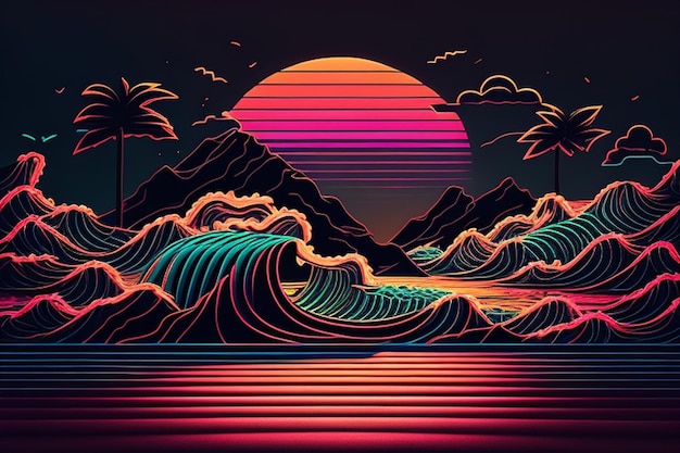 A neon wave and mountains in the digital retro background