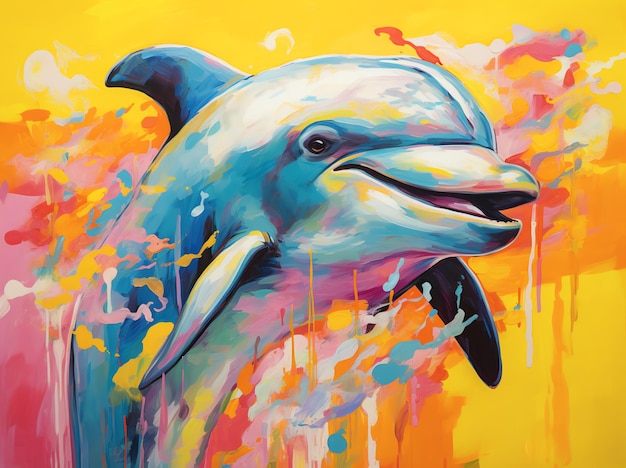 Neon Waves HyperRealistic Dolphin Painting with Paint Splash on Black Canvas Wall Art