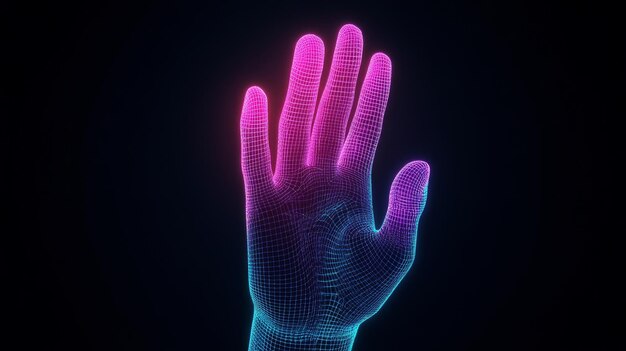 Photo a neon wireframe silhouette of a hand on dark background