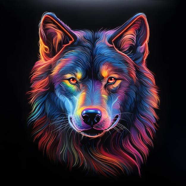 neon wolf against a dark background detailed hyperrealism