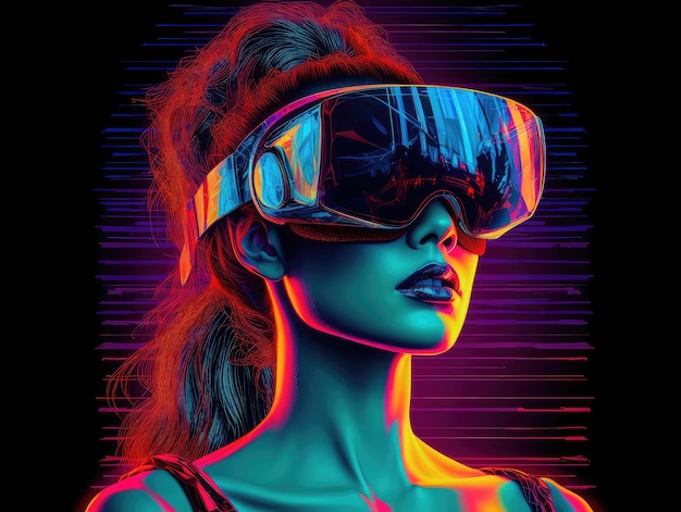 Neon Woman With Virtual Reality Glasses extreme closeup Generative AI