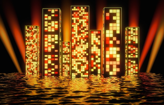 Neon yellow glow of skyscrapers with reflection in the water. 3d render.