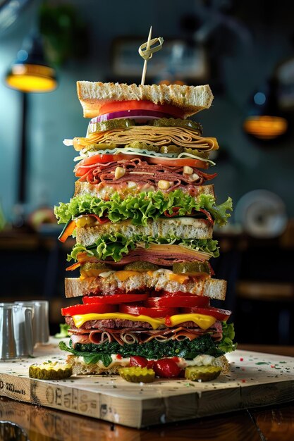 Photo a neonhighlighted club sandwich with layers of ingredients showcased in a towering structure