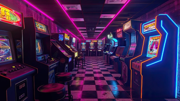 Neonlit arcade with retro gaming vibes Retro gaminginspired arcade aglow with vibrant neon lights