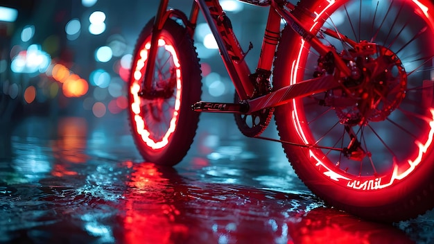 Photo neonlit bicycle on wet city street at night vibrant and modern urban transport image