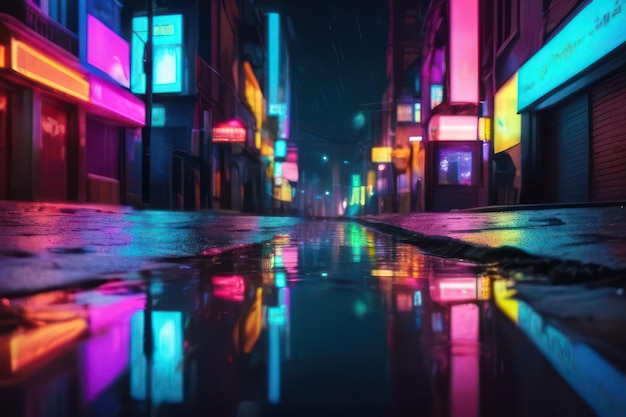 Neonlit city street at night with vibrant reflections and a futuristic cyberpunk atmosphere