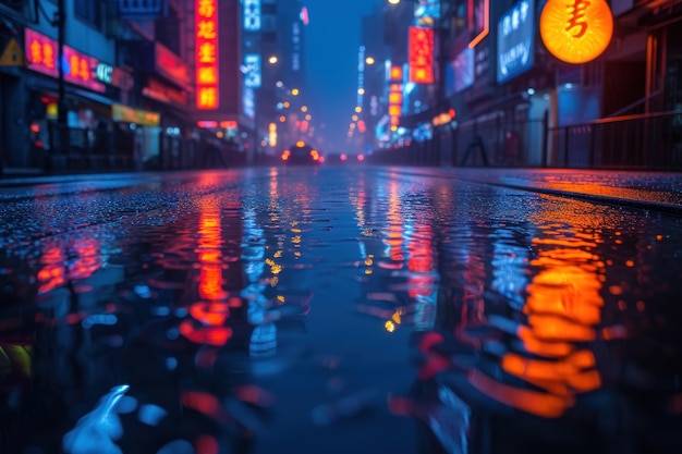 Neonlit city street at night