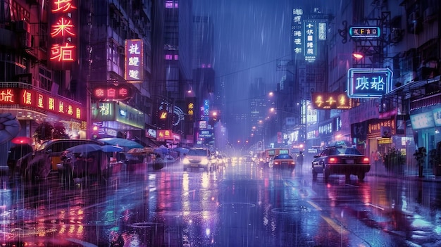 Neonlit cityscape at night rainsoaked streets