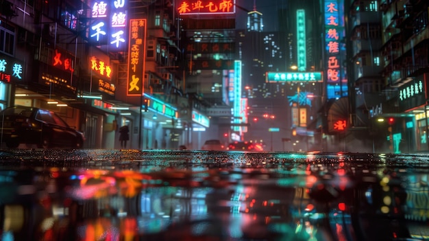 Neonlit cityscape at night rainsoaked streets