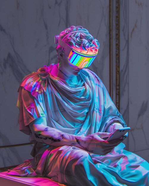 Photo neonlit classical marble sculpture wearing vr headset and using smartphone