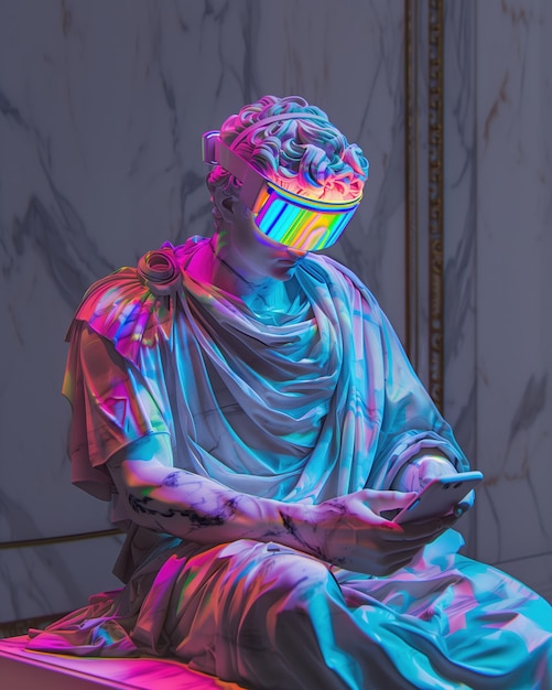 Photo neonlit classical marble sculpture wearing vr headset and using smartphone