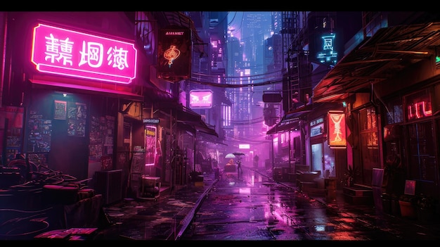 Neonlit cyberpunk alley with futuristic elements Futuristic cyberpunk alleyway illuminated by vibrant neon lights