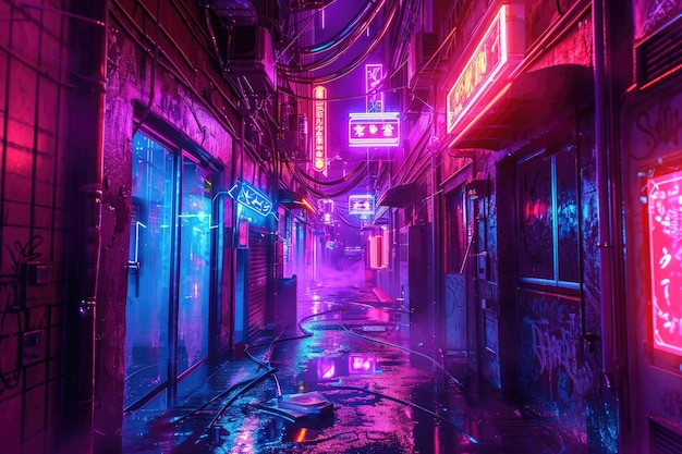 Neonlit cyberpunk alley with futuristic elements Futuristic cyberpunk alleyway illuminated by vibrant neon lights