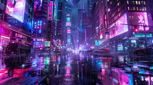 Neonlit cyberpunk cityscape with holographic projections background