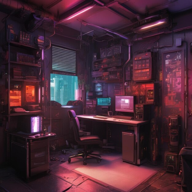 Neonlit cyberpunk workspace with advanced computer setup at dusk