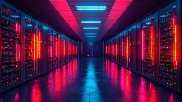 Photo neonlit data center corridor with modern servers generative ai