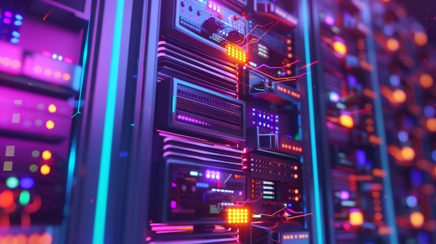 Photo neonlit data center rack with glowing electronics and servers