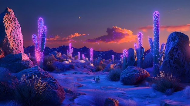 Photo neonlit desert landscape with glowing cacti and rocksblending natural forms with light