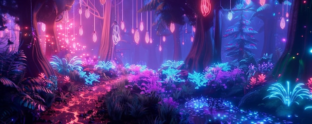 A neonlit forest with glowing trees plants and pathways creating a magical and otherworldly